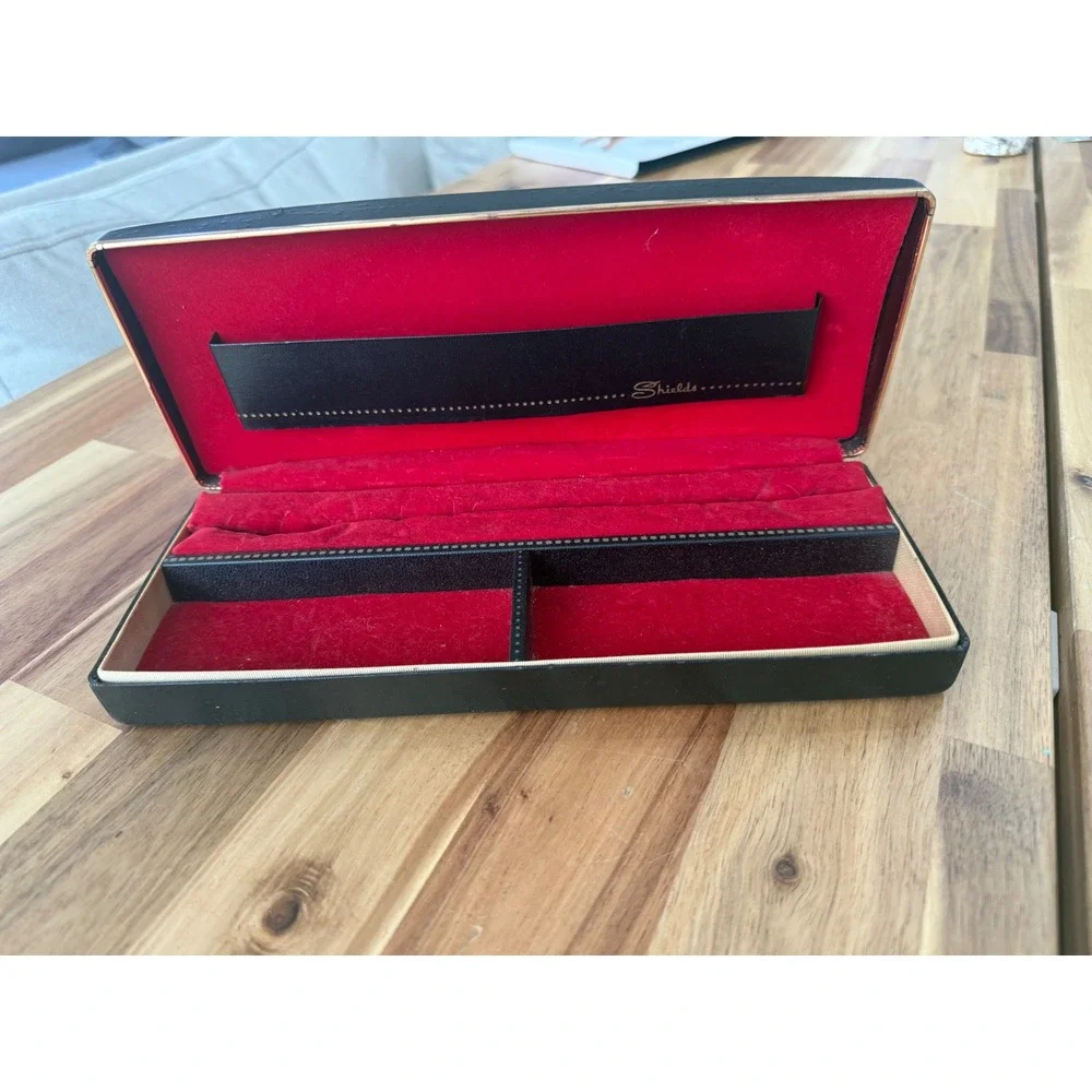 Vintage Shields Mens Jewelry Valet Box Black Red Velvet Crown Pattern Organizer
